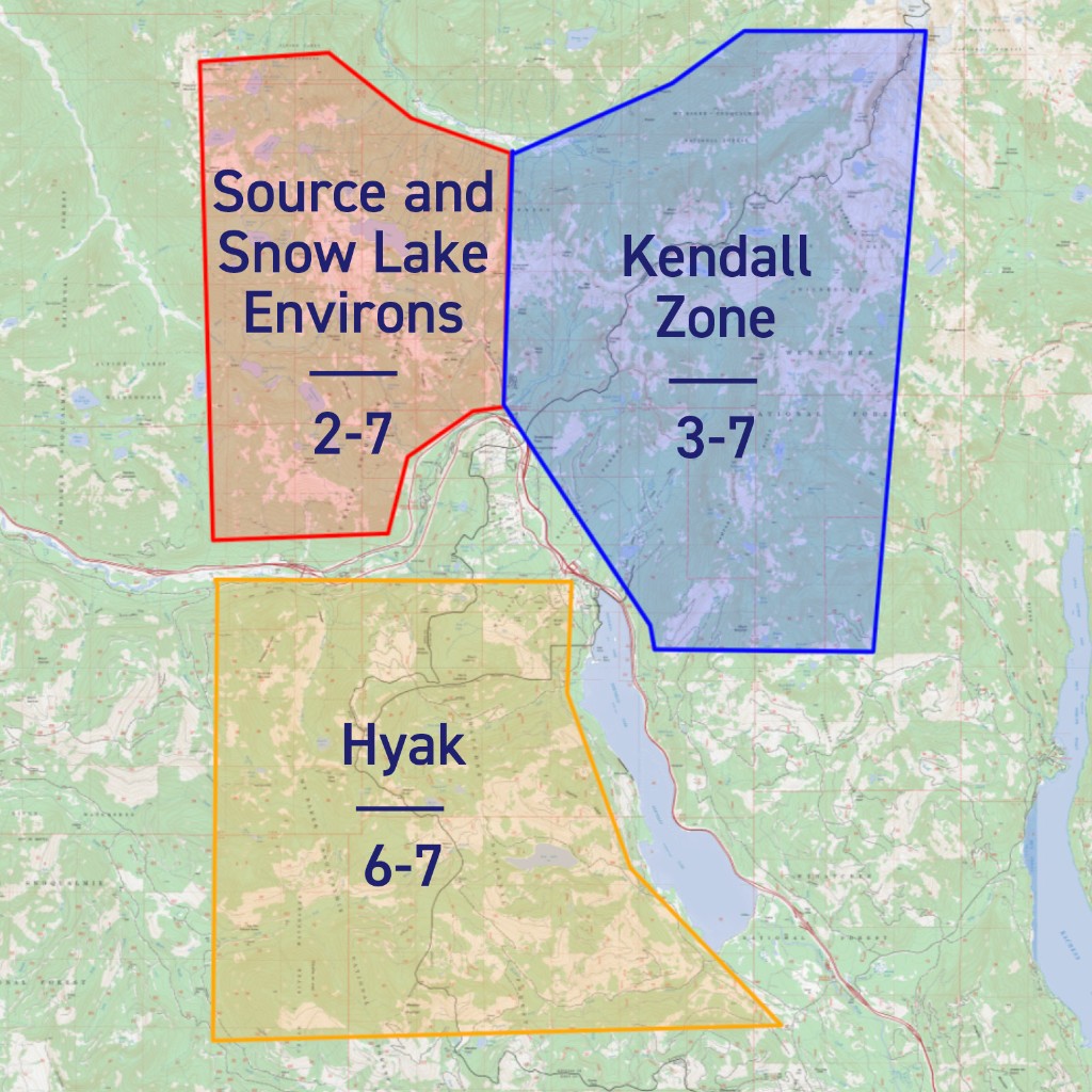 Map of the three Snoqualmie Pass backcountry radio zones