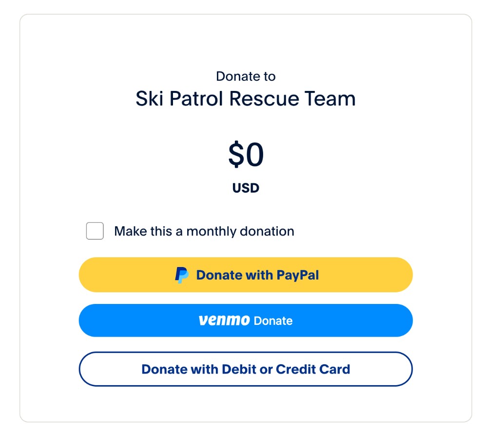 PayPal donation form for Ski Patrol Rescue Team
