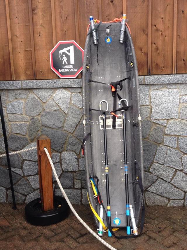 The Cascade Toboggan, SPART's primary means of extrication from the backcountry. This litter can either be skied out, using the four handles, or can be place on top of a wheel to be rolled down a trail on summer months.